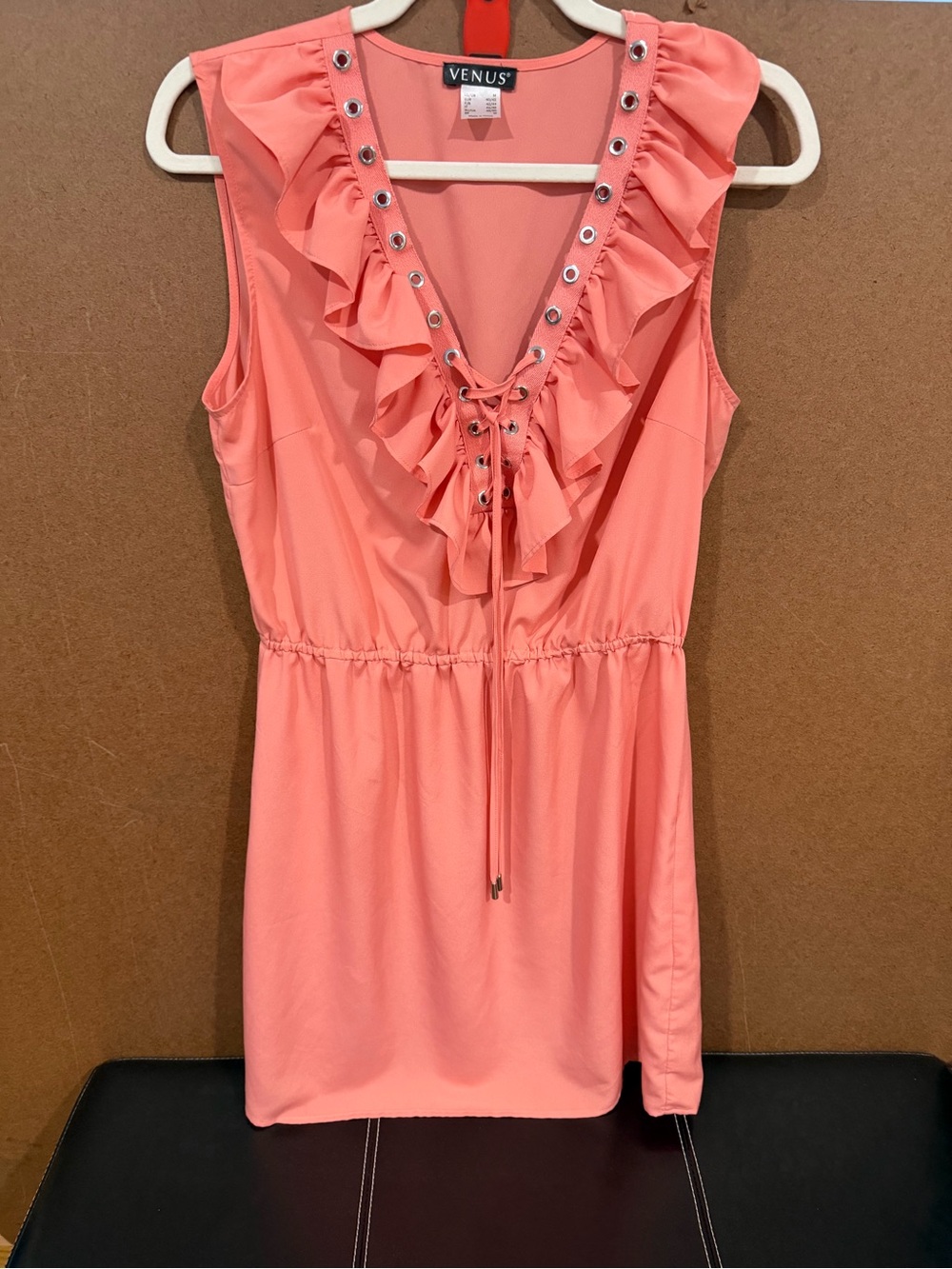 VENUS Coral Ruffle V-Neck Lace-Up Mini Dress M